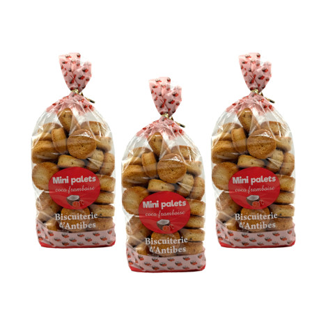 2 sachets mini palets coco framboise 500g + 1 offert